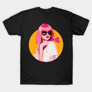 Pin up sexy woman illustration lollipop sunglases big lips T-Shirt